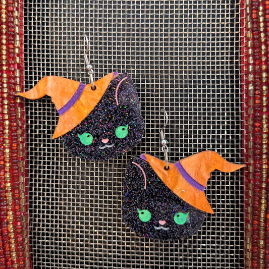 Cute Kitty Witch Halloween Earrings Acrylic Layered