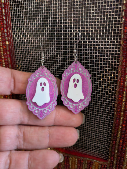 Pink Ghost Frame Halloween Earrings Acrylic Layered